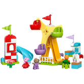 Colorful LEGO® DUPLO® Peppa Pig Funfair set featuring a Ferris wheel with four seats, a blue slide, and figures of Peppa Pig, Candy Cat, and Danny Dog.